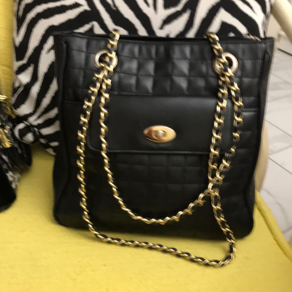 Quilted Black Vinyl Tote with Gold Chain Strap